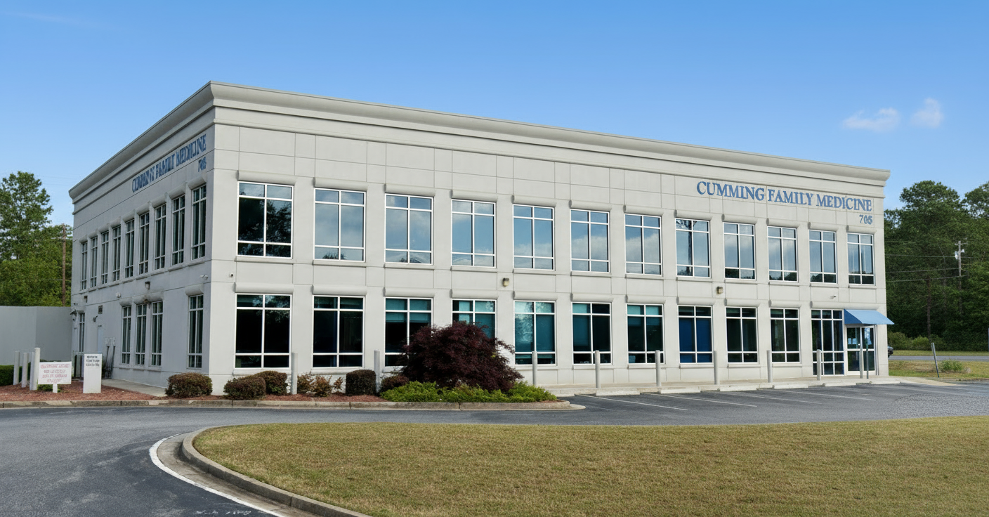 A two-story medical office building with many windows, labeled 