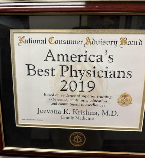 A framed certificate awarded to Jeevana K. Krishna, M.D. for being named one of America's Best Physicians 2019 by the National Consumer Advisory Board.