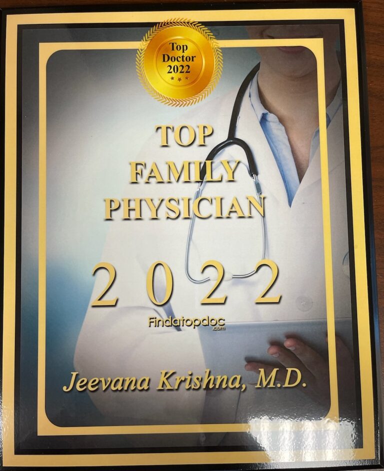 A plaque awarded to Jeevana Krishna, M.D. for being a top family physician in 2022, featuring a doctor with a stethoscope and the 